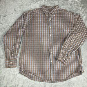 US Polo Assn Shirt Mens Large Beige Brown Plaid Button Up‎ Long Sleeve Stretch